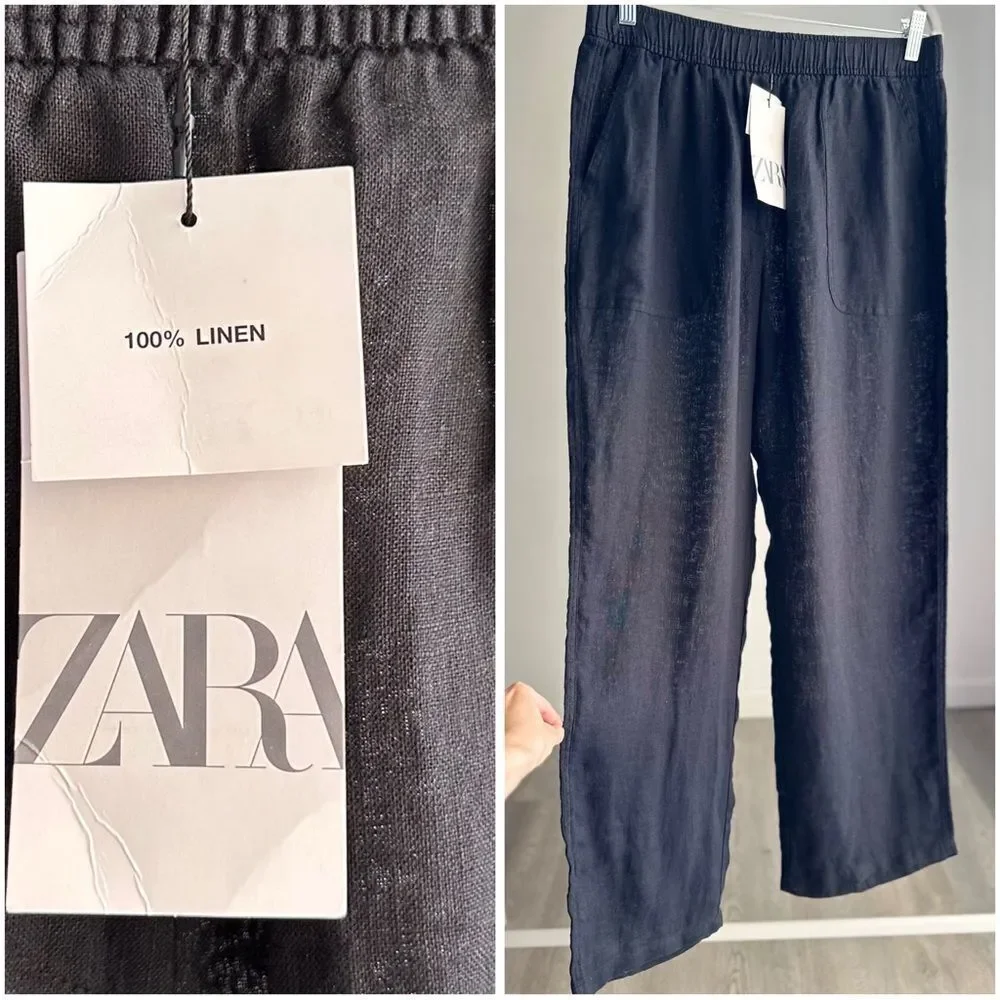 ZARA WIDE LEG LINEN PANTS BLACK